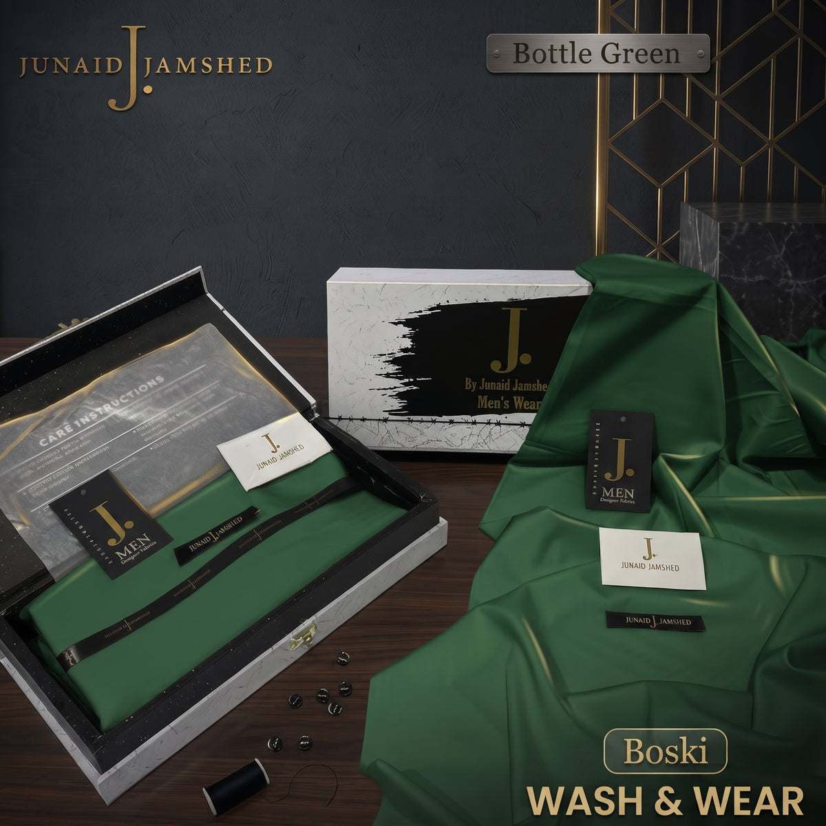 J. | Boski Wash & Wear  –  Unstitched (4MTR) | BOTTLE GREEN