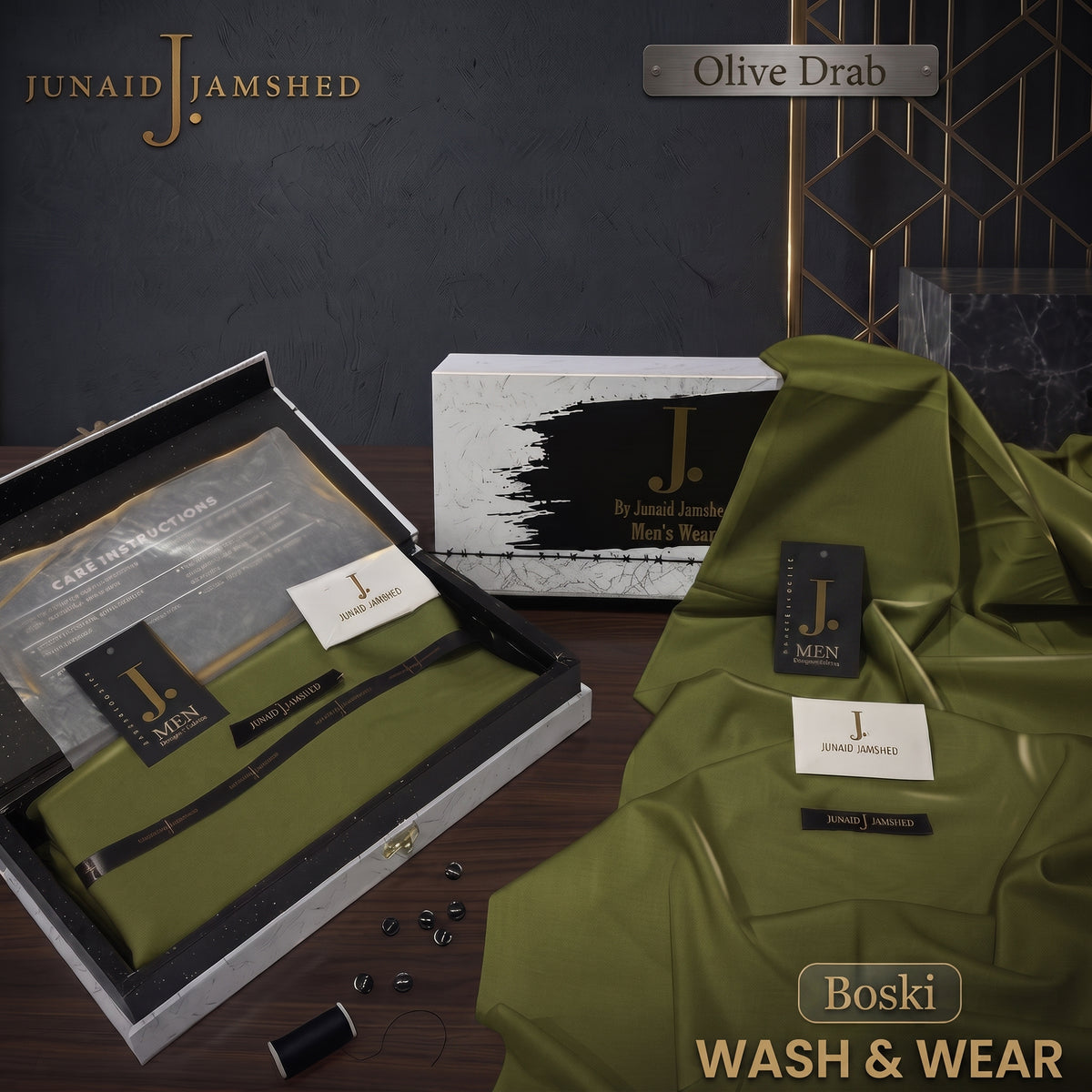 J. | Boski Wash & Wear  –  Unstitched (4MTR) | OLIVE DRAB